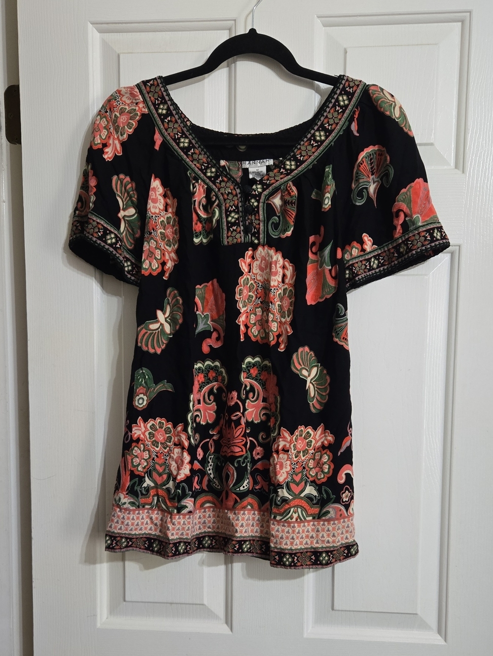 Hannah Black Short Sleeve Tunic with Coral & Green Floral Print
